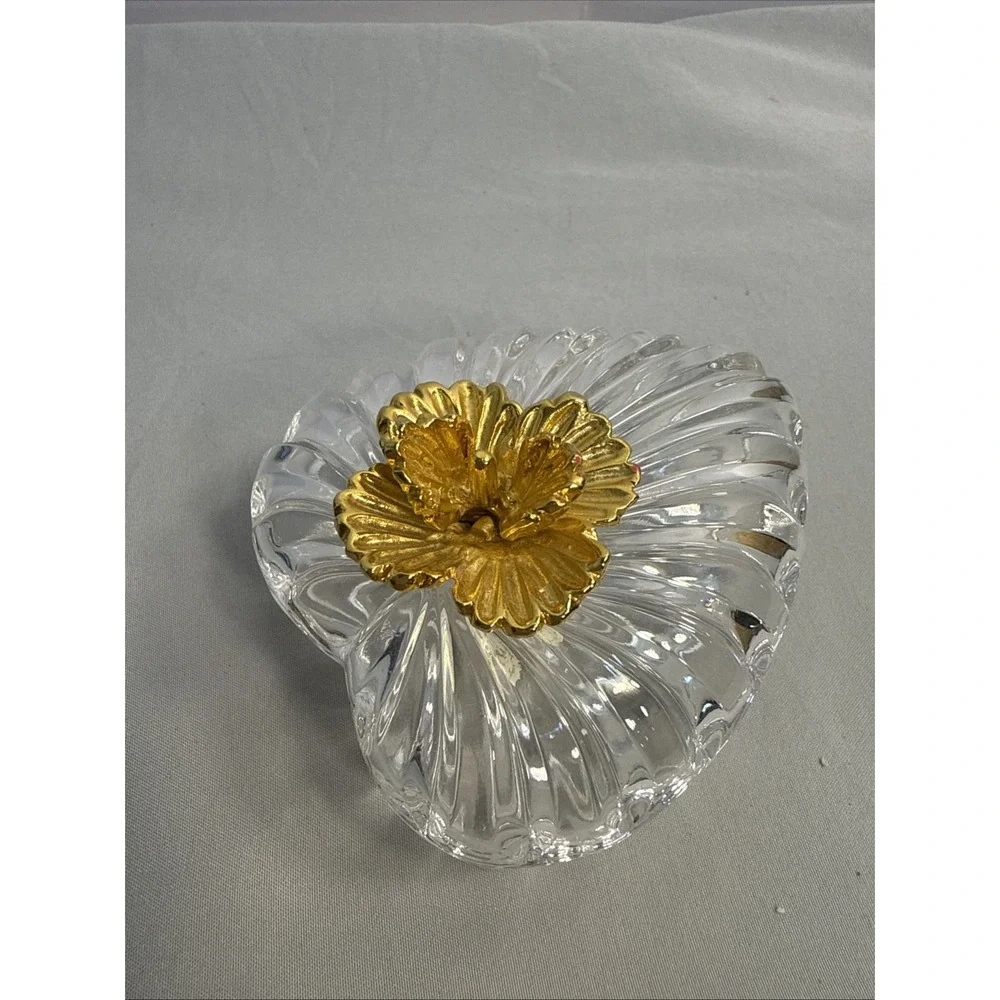 Vintage Italian Crystal Heart Shaped Jewelry Trinket Box with 3D Gold Flower